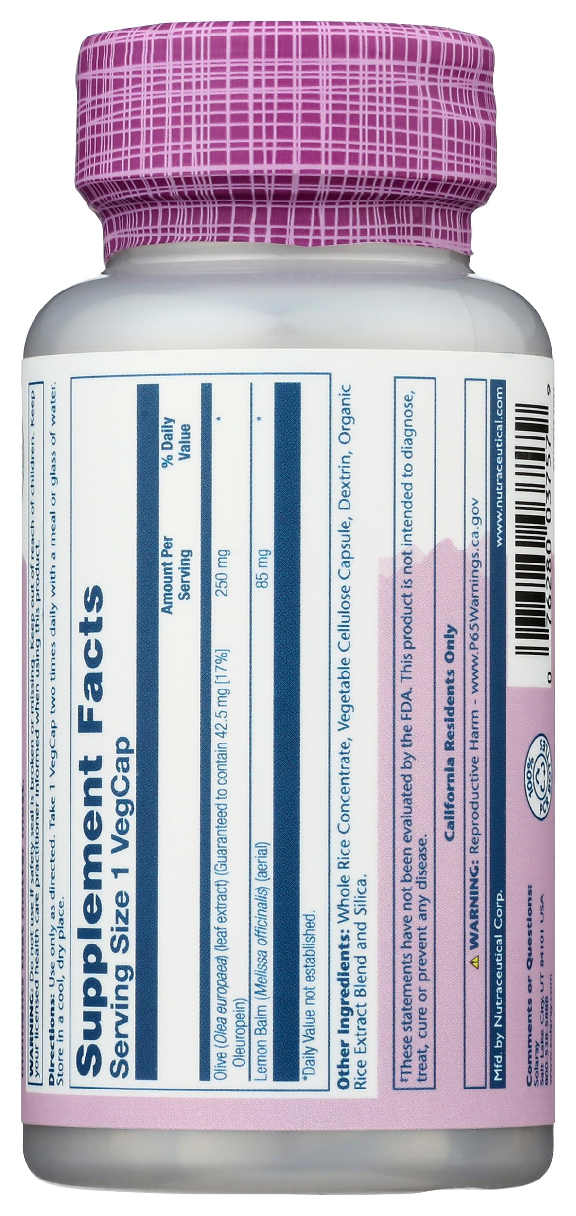 SOLARAY Unflavored Capsules Olive Leaf Immune Support 250Mg Bottle