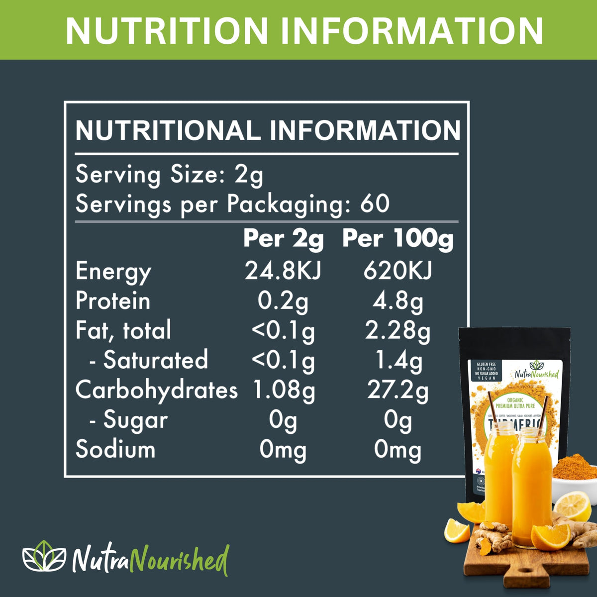 Nutra Nourished Organic Turmeric Curcumin Powder 1500mg - 120g - image 3