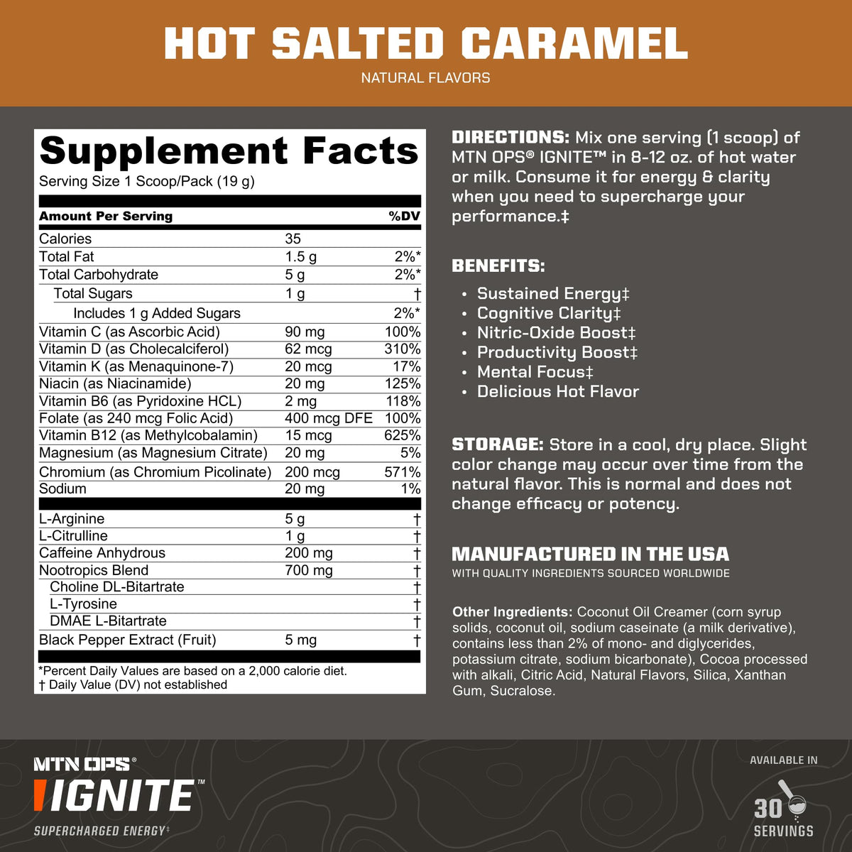 MTN OPS Hot Ignite Focus & Energy Coffee Salted Caramel - 30 Servings - image 3