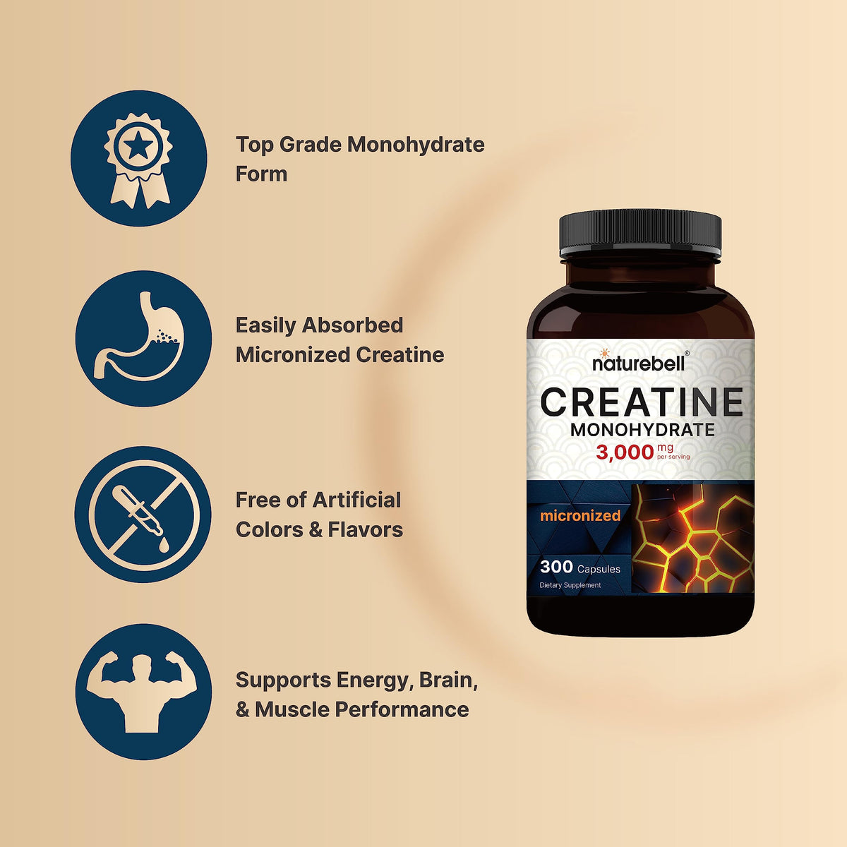 NatureBell Creatine Monohydrate 3000mg - 300 Capsules - image 3