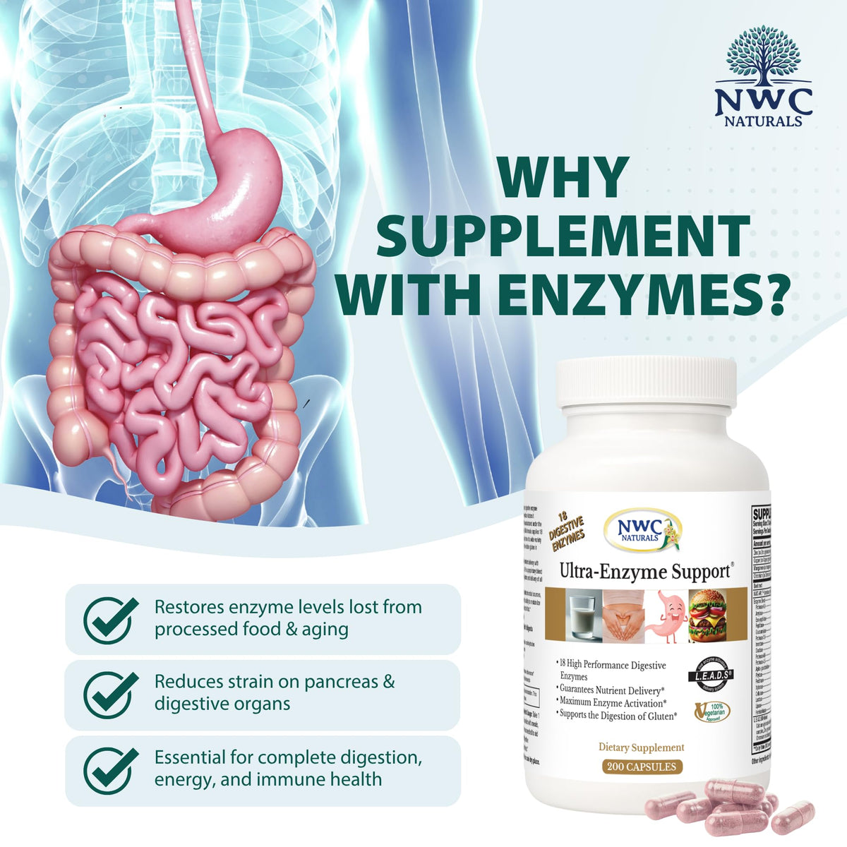 NWC Naturals Ultra-Enzyme Support Digestive Enzyme - 200 Capsules - image 2