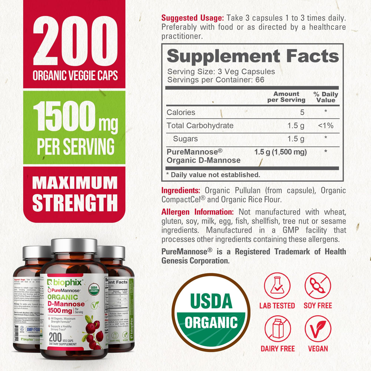 biophix D-Mannose USDA Organic 1500 mg - 200 Vegetarian Capsules - image 5