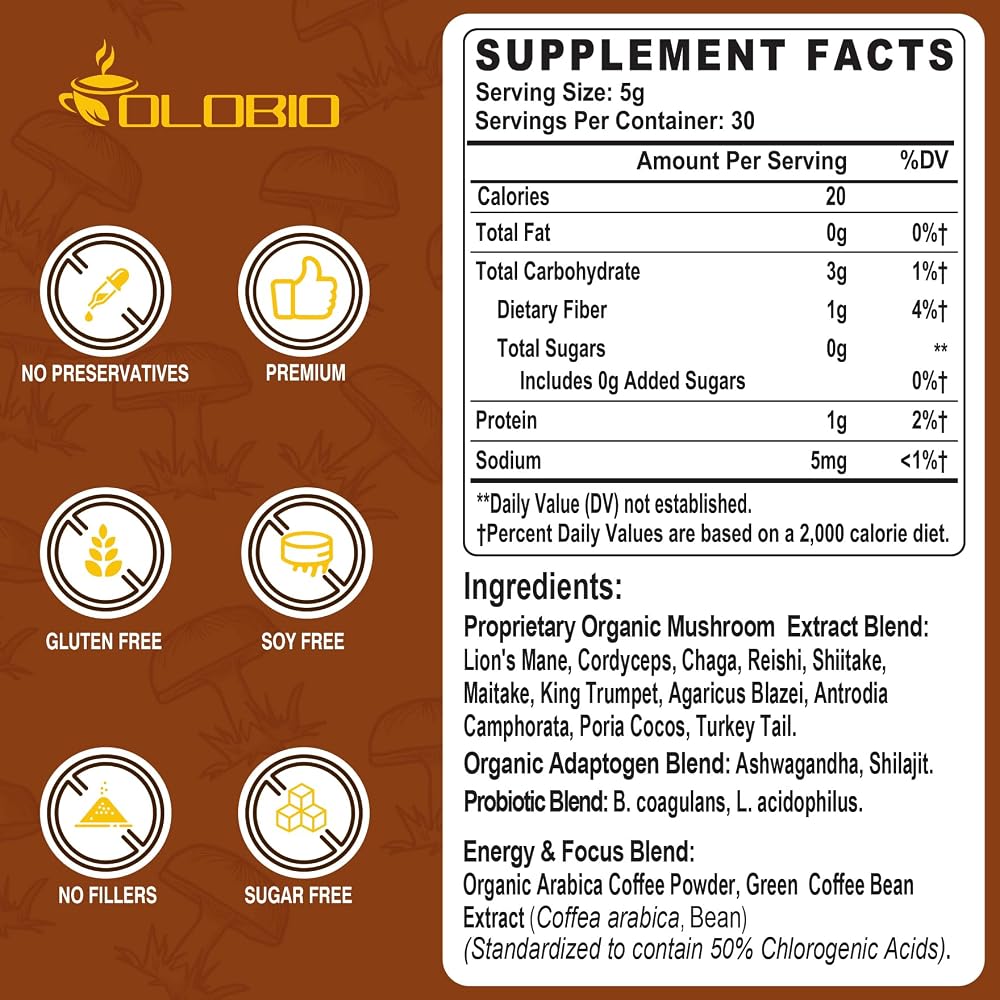 OLOBIO 11 Mushroom Coffee Powder for Focus & Energy - 5.3 oz - image 2
