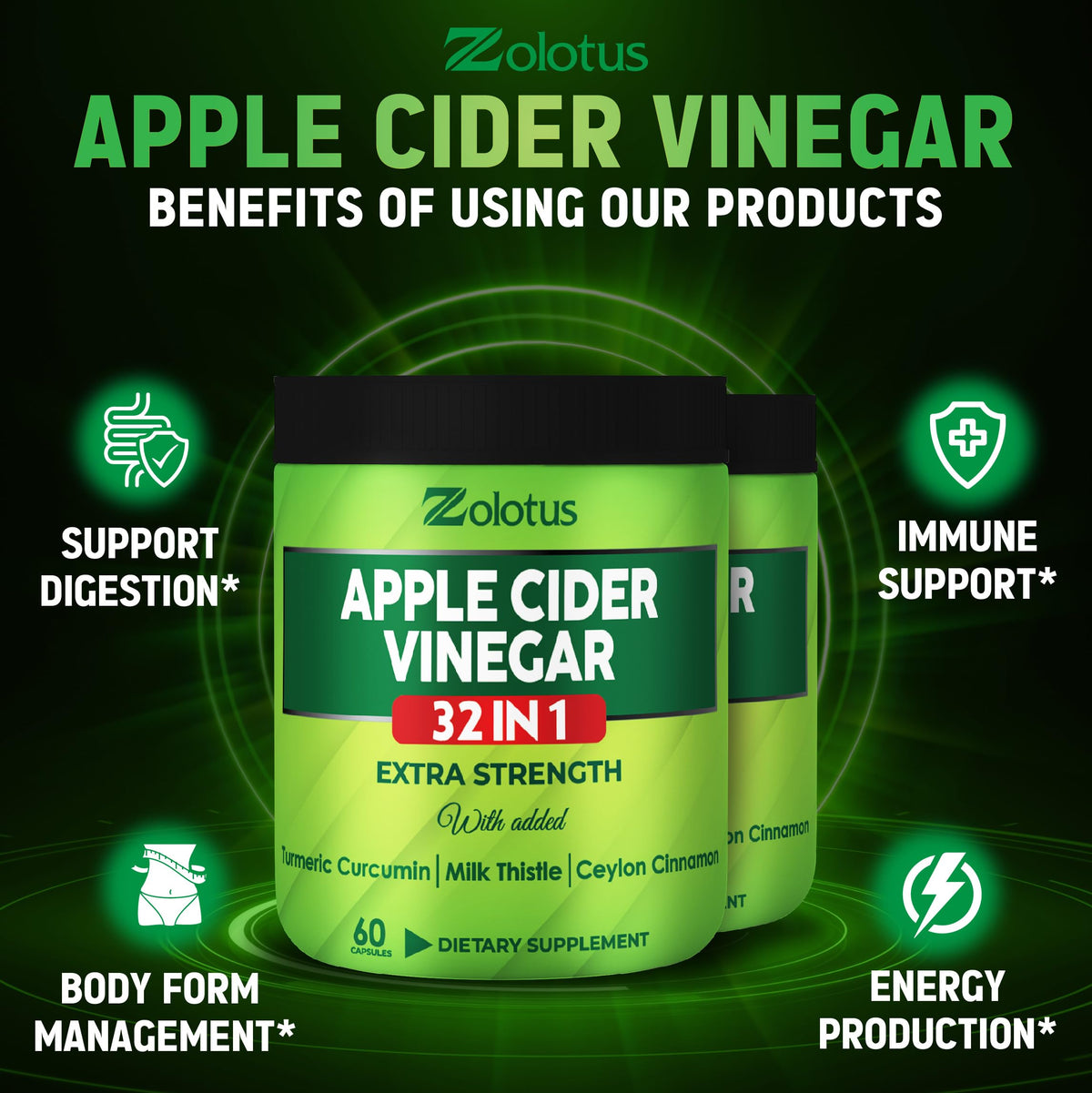 Zolotus Apple Cider Vinegar Capsules 32in1 with Turmeric - 120 Capsules - image 4