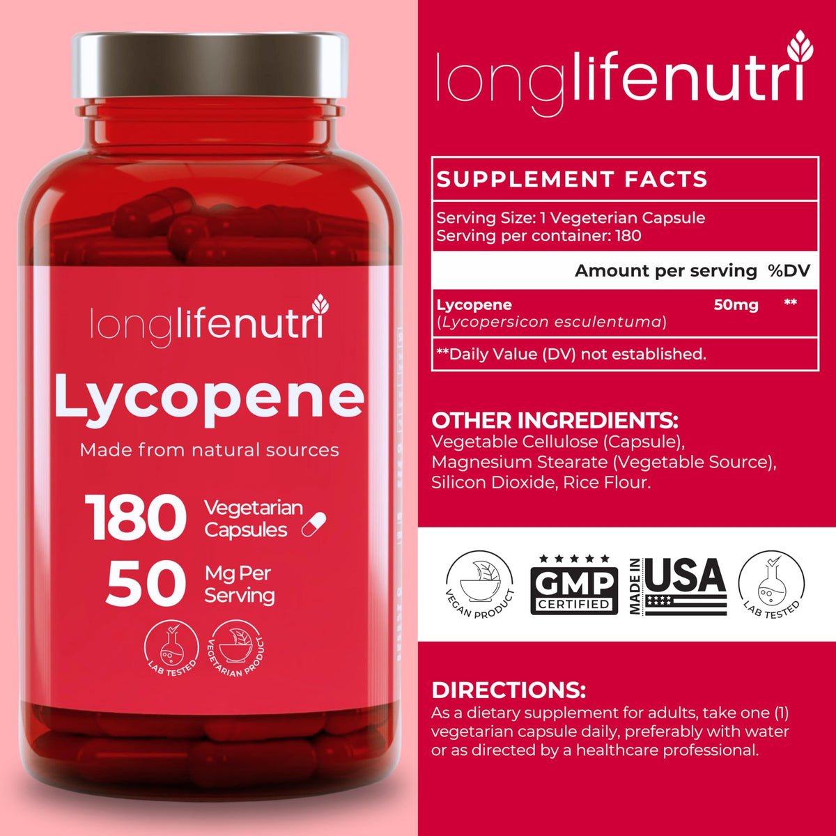 LongLifeNutri Lycopene 50mg Natural Tomato Extract - 180 Capsules - image 2