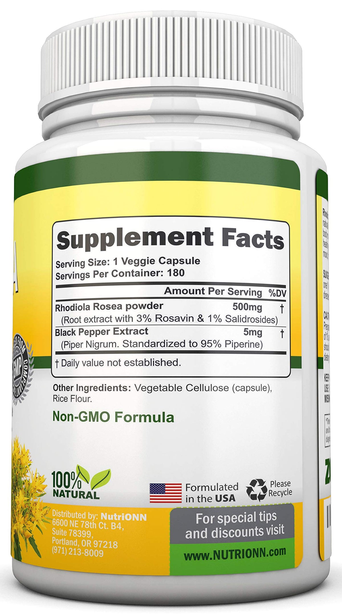 NutriONN Rhodiola Rosea 500mg Supplement - 180 Vegan Capsules - image 3