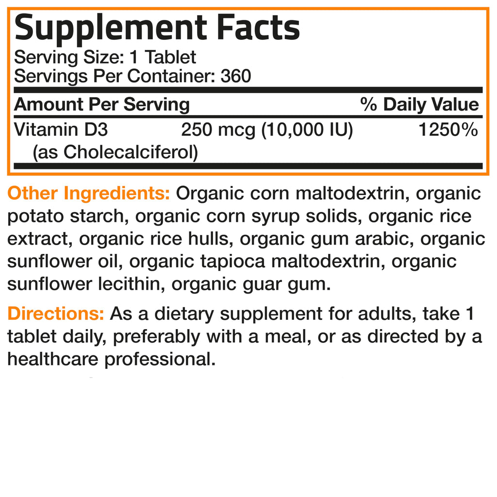 Bronson Vitamin D3 10,000 IU USDA Organic - 360 Tablets - image 7