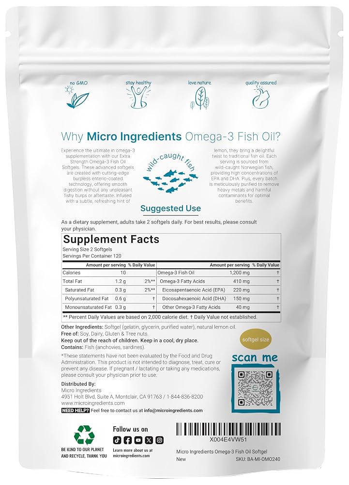 Micro Ingredients Omega 3 Fish Oil 1,200mg - 240 Softgels - image 2