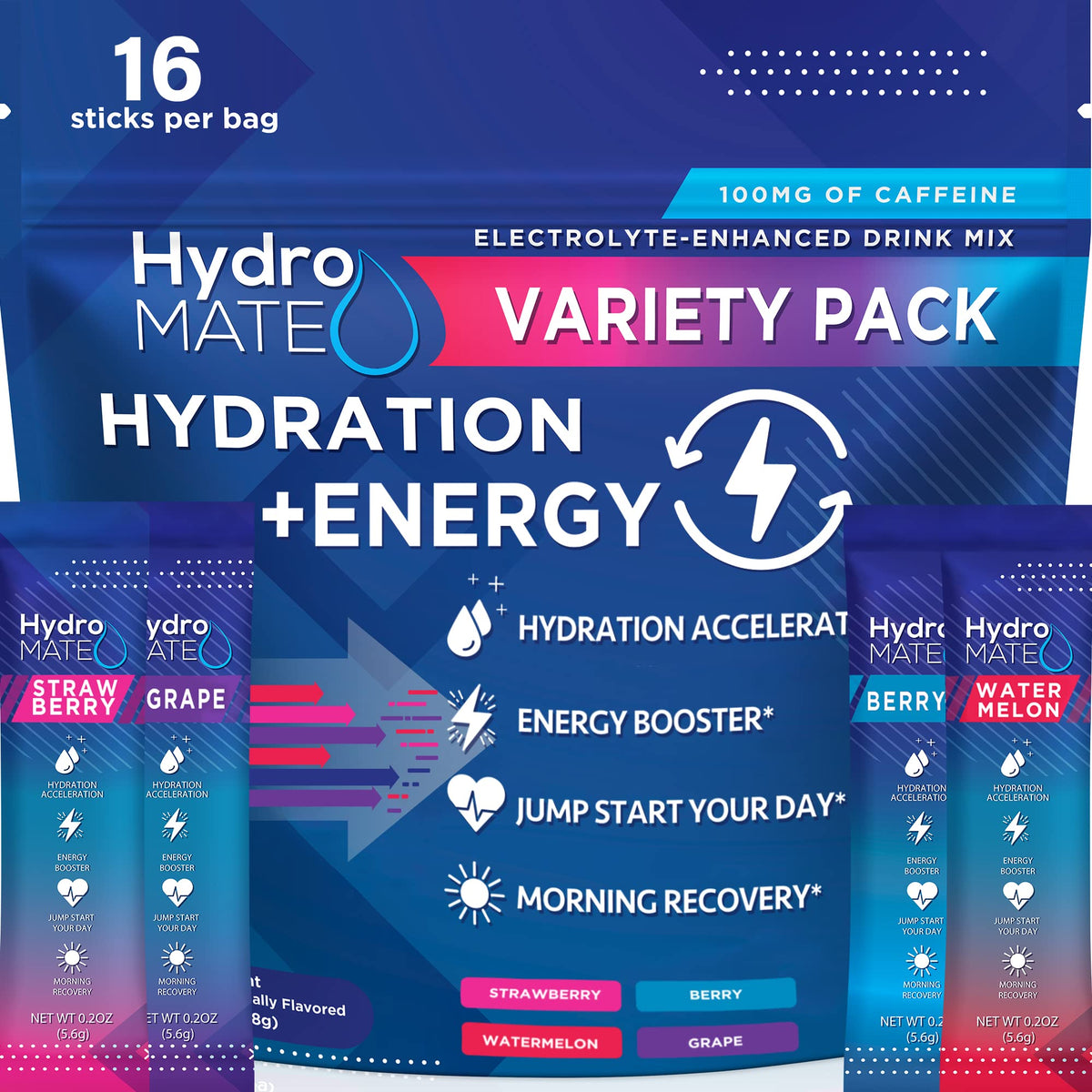 HydroMATE Electrolytes Powder Packets Energy Drink Mix Hydration
