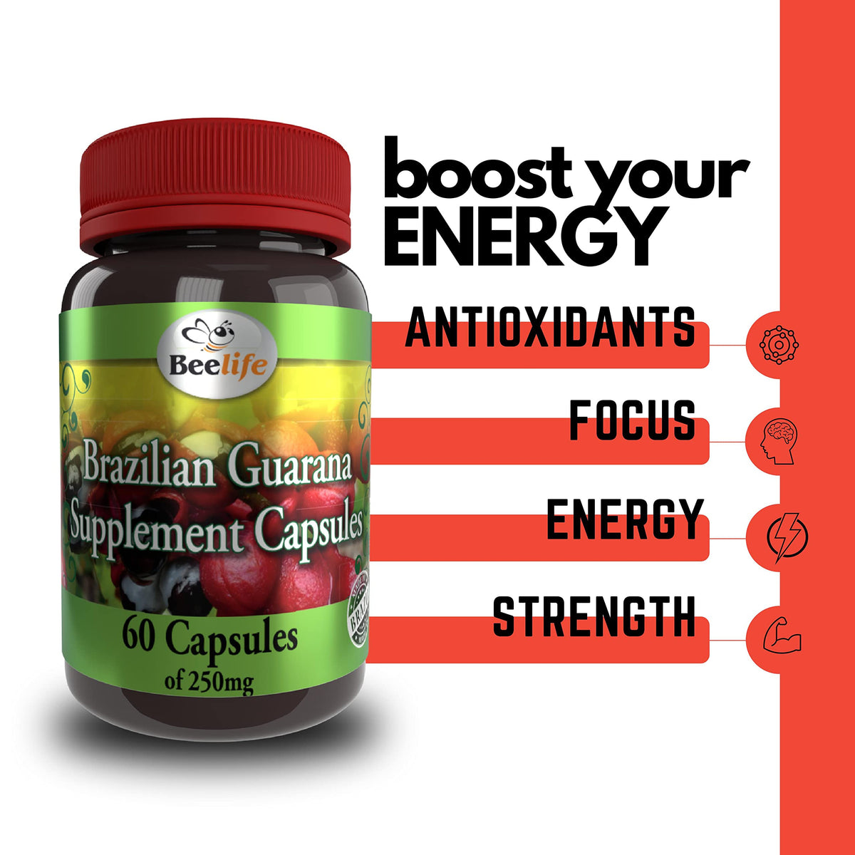 Beelife Brazilian Guarana Capsules 250mg Energy & Focus - 60 Capsules - image 3