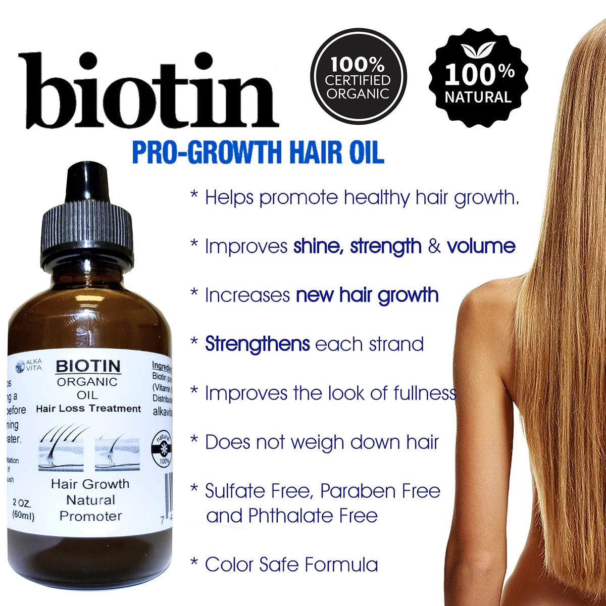 ALKA VITA Biotin Pure Organic Oil Hair Growth Vitamin B7 - 2 Fl Oz - image 4