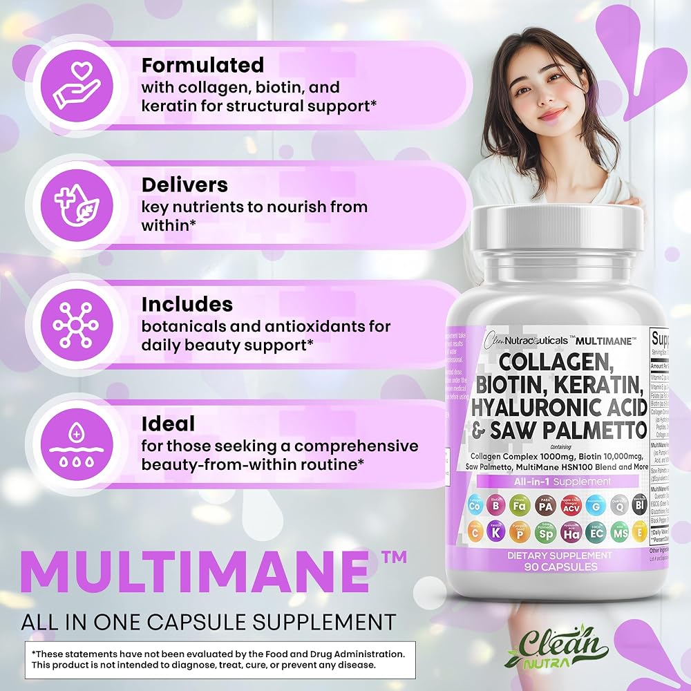 Clean Nutraceuticals Collagen Pills 1000mg Biotin 10000mcg Keratin