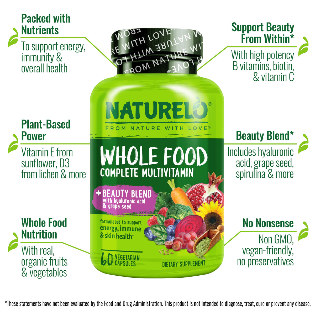 NATURELO Whole Food Multivitamin Hair, Skin & Nails - 60 Capsules - image 2
