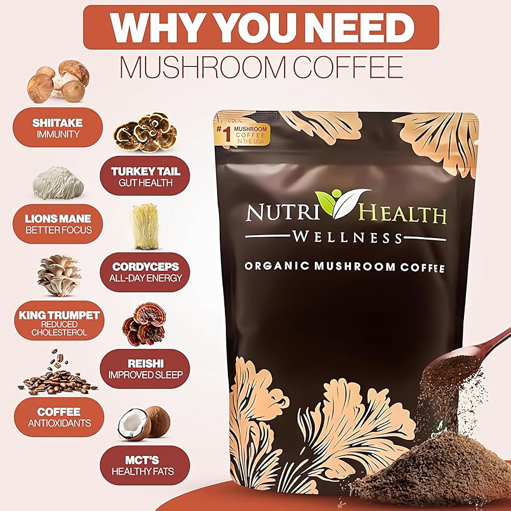 NUTRI HEALTH WELLNESS Organic Mushroom Coffee with 6 Adaptogens - 30 Servings - image 5