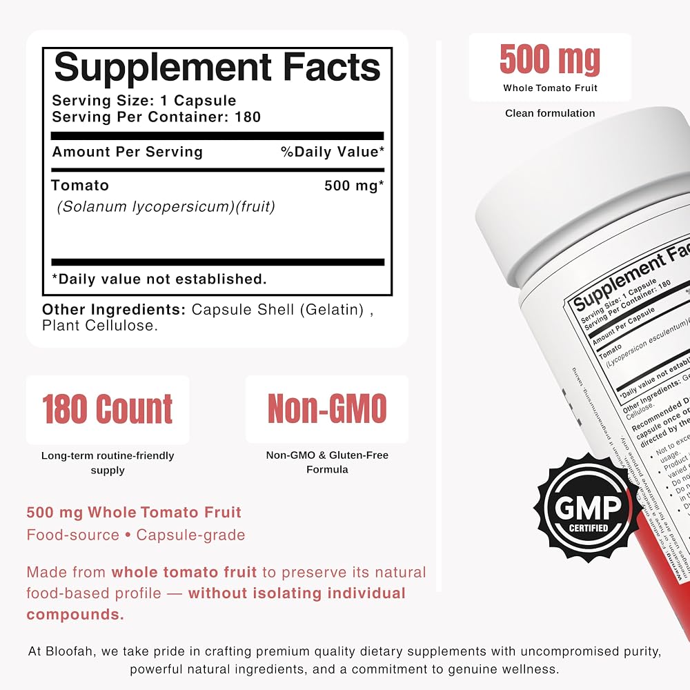 Bloofah Lycopene Supplement 500mg Tomato Powder - 180 Capsules - image 2