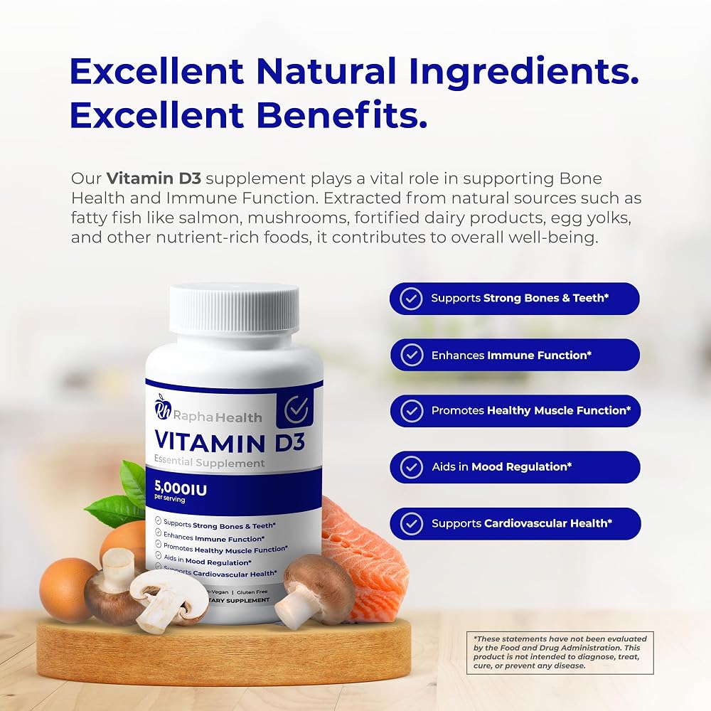 RAPHA HEALTH Vitamin D3 5000 IU Immune & Bone Support - 120 Softgels - image 3