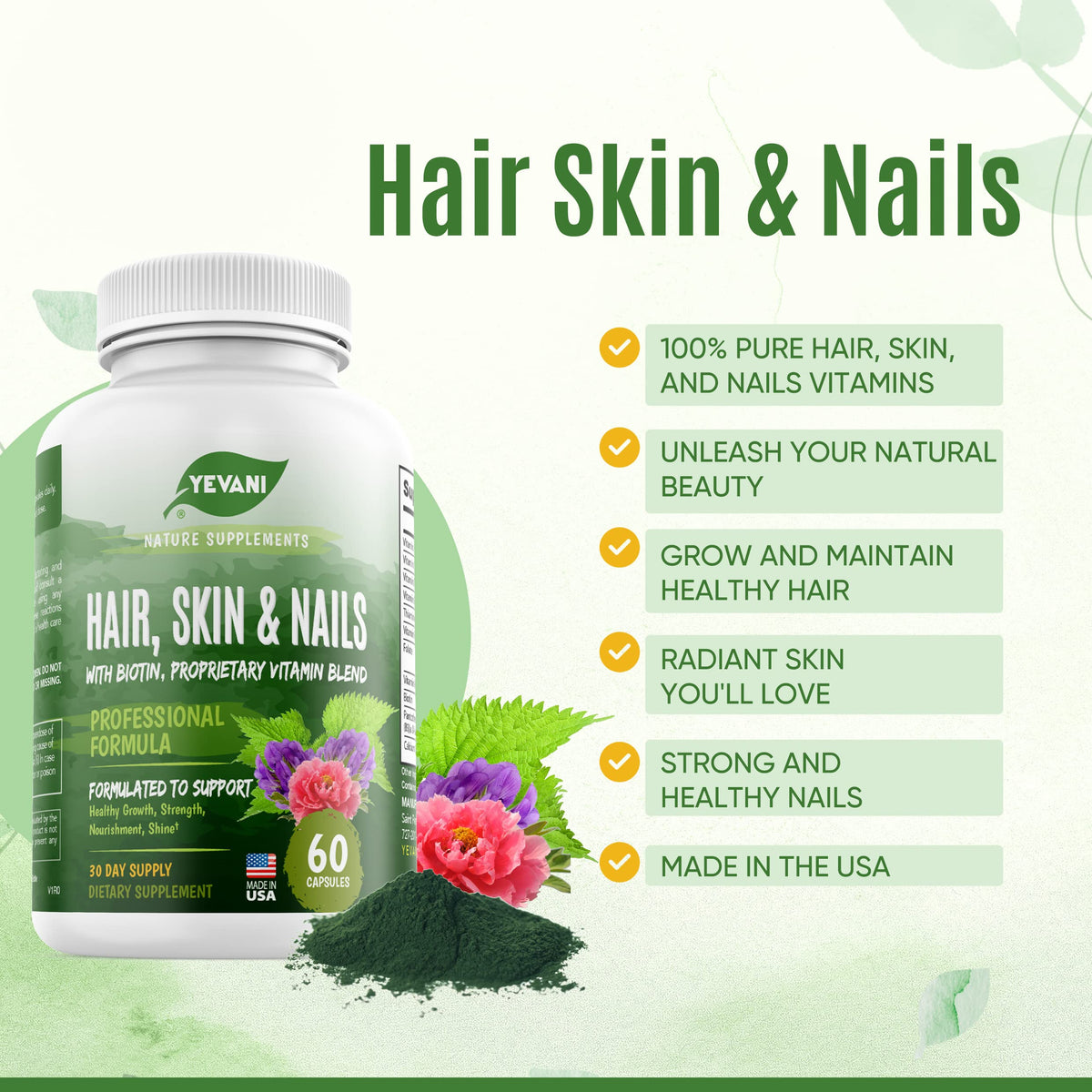 YEVANI Hair, Skin and Nails Biotin Vitamins - 60 Capsules - image 2