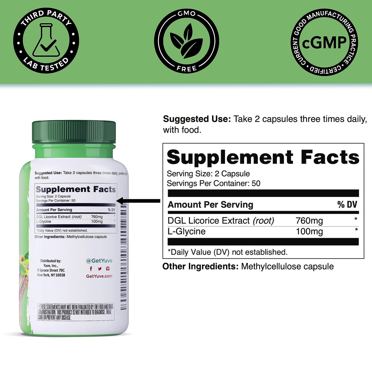Yuve Vegan DGL Licorice 760mg Digestive Support - 100 Capsules - image 4