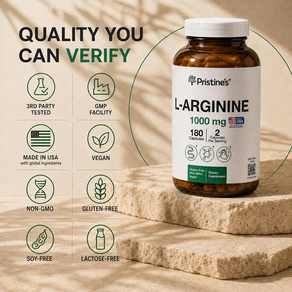 PRISTINE'S L-Arginine 1000mg Capsules for Blood Flow Support - 180 Capsules - image 7