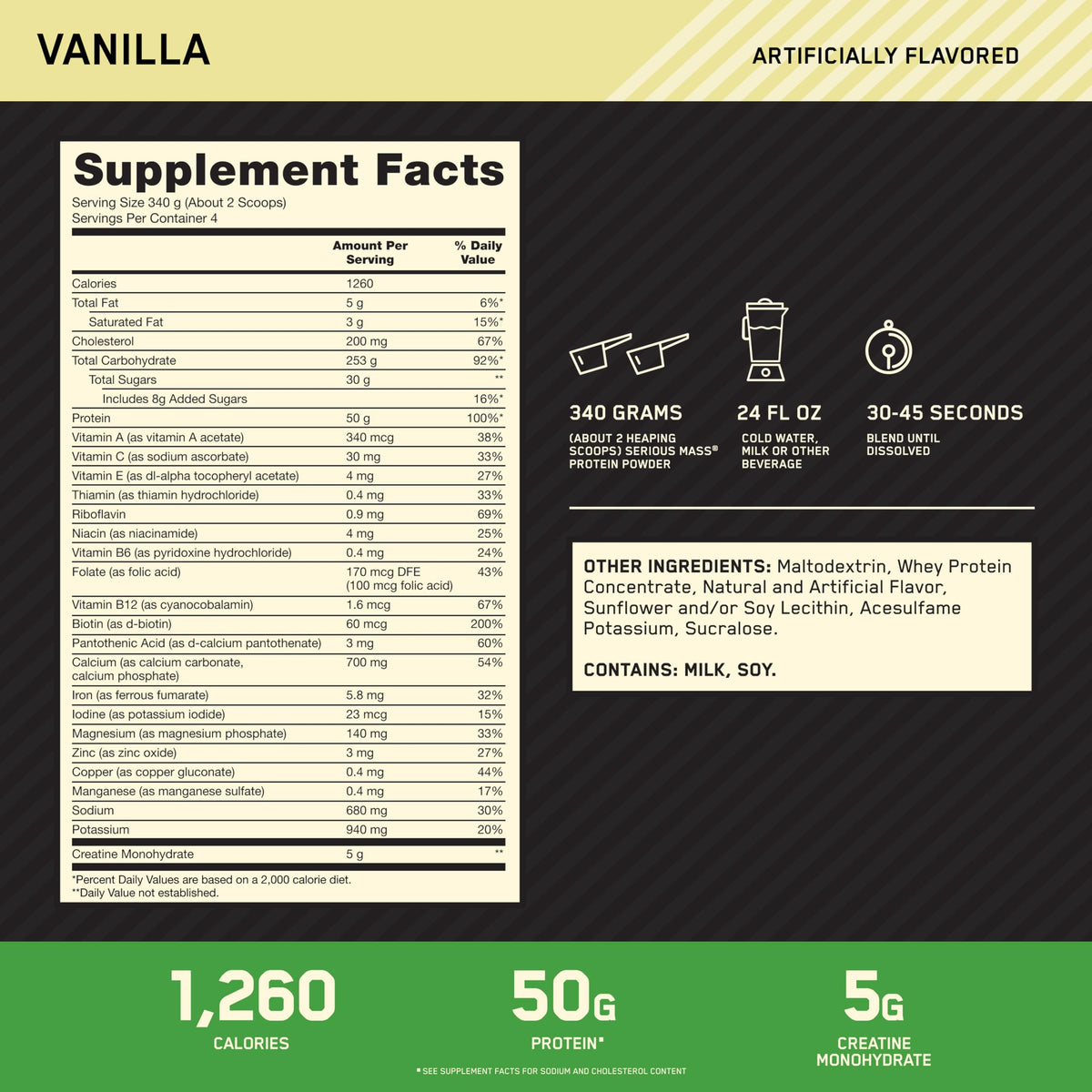 Optimum Nutrition Serious Mass Weight Gainer Protein Powder Vanilla - 3 lb - image 3