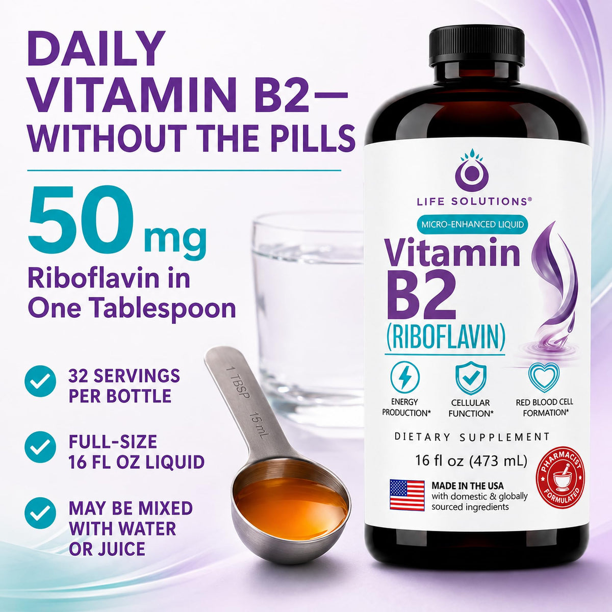 Life Solutions Vitamin B2 Riboflavin Liquid 50 mg - 16 Fl Oz - image 3