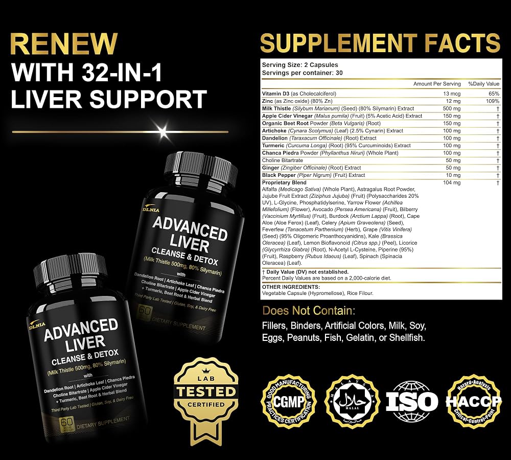 DLNIA Liver Support Supplement Milk Thistle 500mg - 60 Vegetarian Capsules - image 2