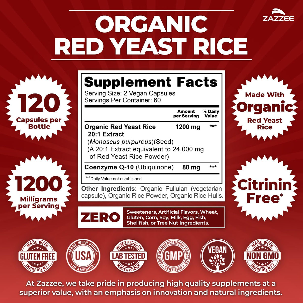 Zazzee Organic Red Yeast Rice 20:1 Extract with CoQ10 - 120 Capsules - image 2