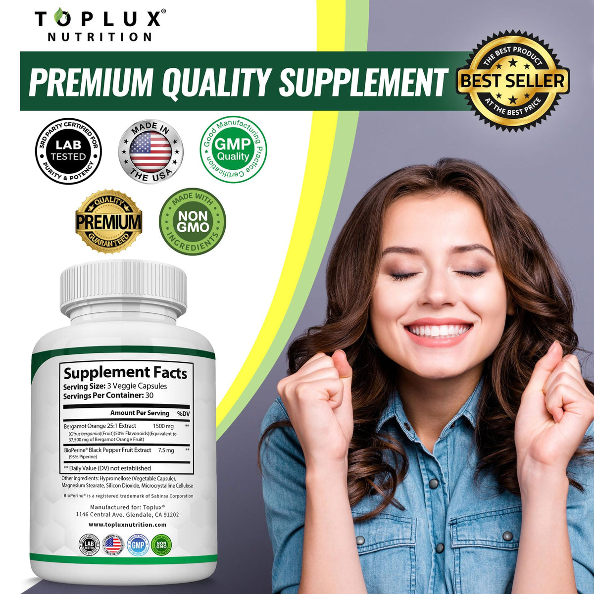 Toplux Citrus Bergamot Supplement 1500mg - 90 Capsules - image 7