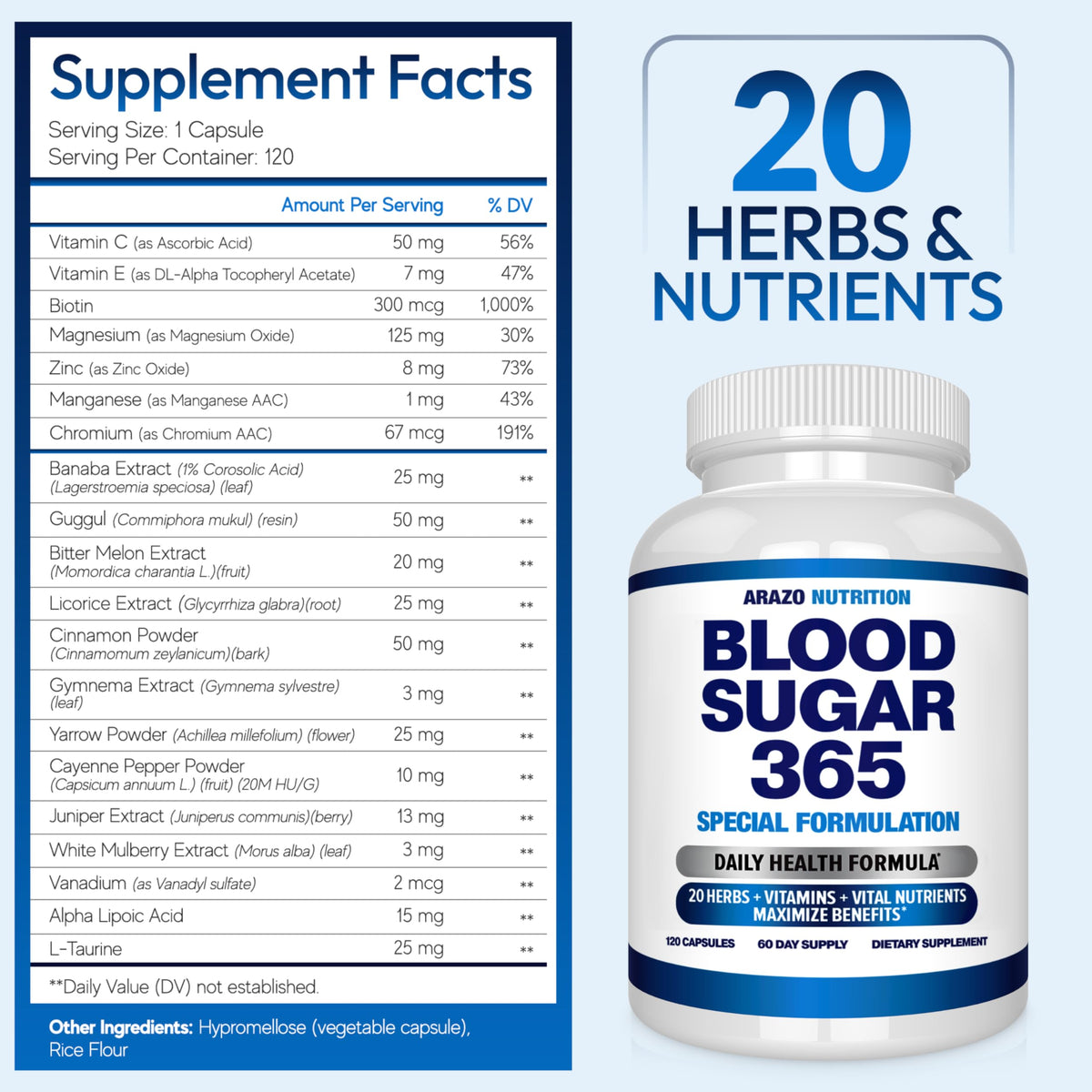 Arazo Nutrition Blood Sugar 365 Supplement for Energy - 120 Capsules - image 2