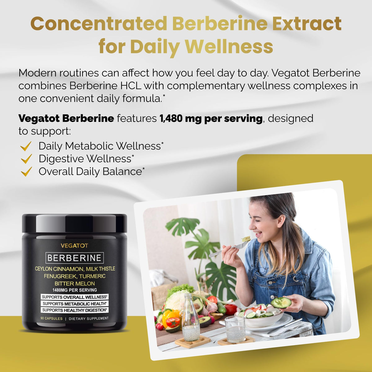 VEGATOT Berberine 1480 mg with Ceylon Cinnamon - 90 Capsules - image 2