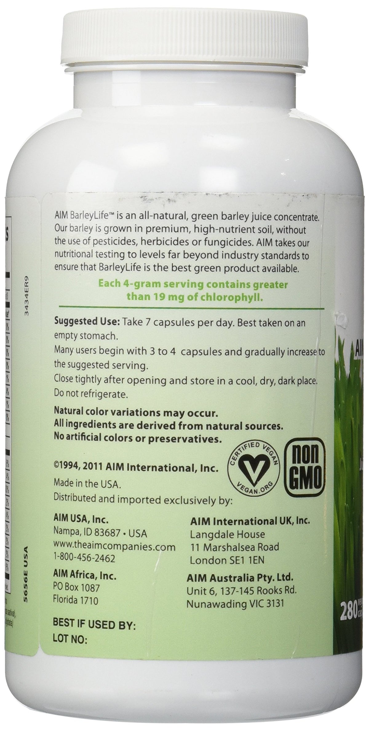AIM BarleyLife Barley Grass Supplement - 280 Vegetarian Capsules - image 2