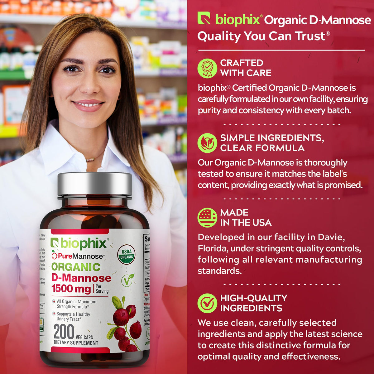 biophix D-Mannose USDA Organic 1500 mg - 200 Vegetarian Capsules - image 2