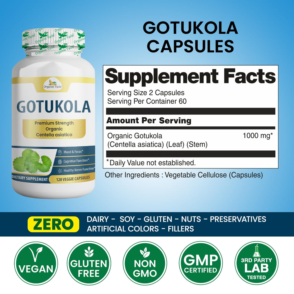 Organic Veda Centella Asiatica Gotu Kola Brain Support - 120 Capsules - image 2