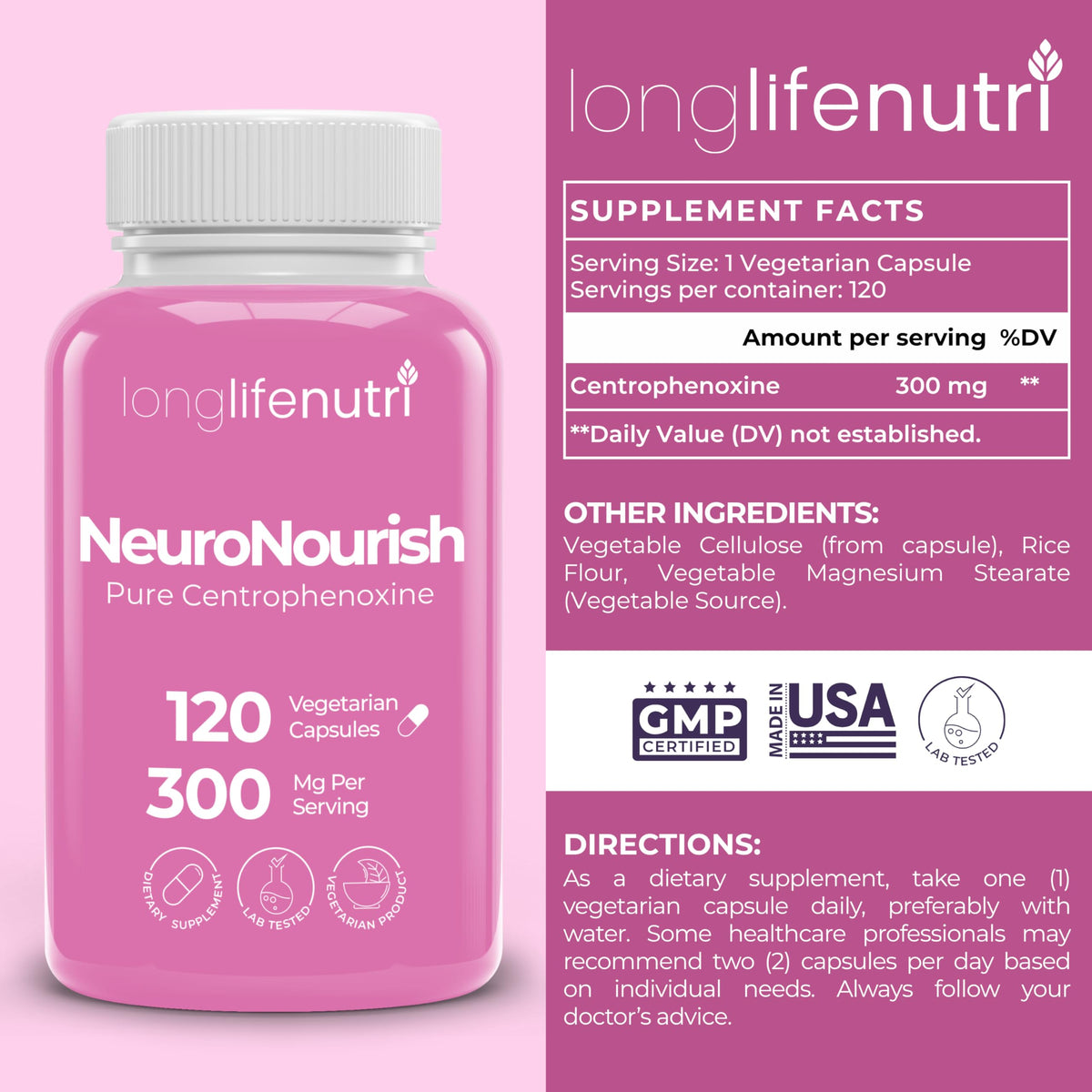 LongLifeNutri NeuroNourish Centrophenoxine 300mg - 120 Vegetarian Capsules - image 2