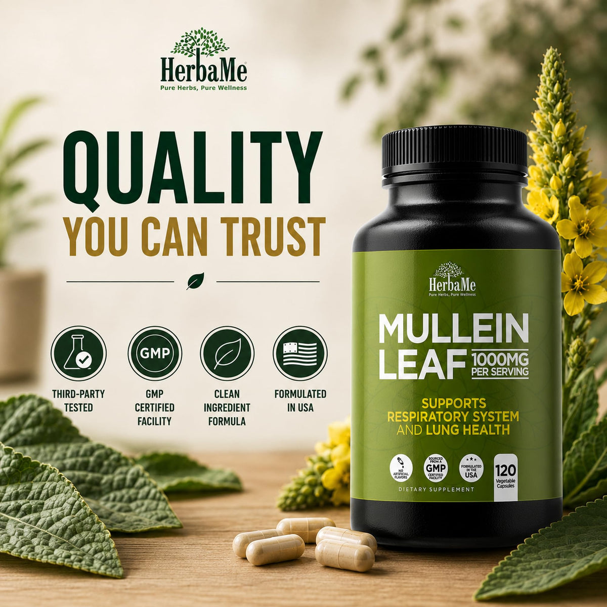 HerbaMe Mullein Leaf 1000mg Lung Support - 120 Capsules - image 9
