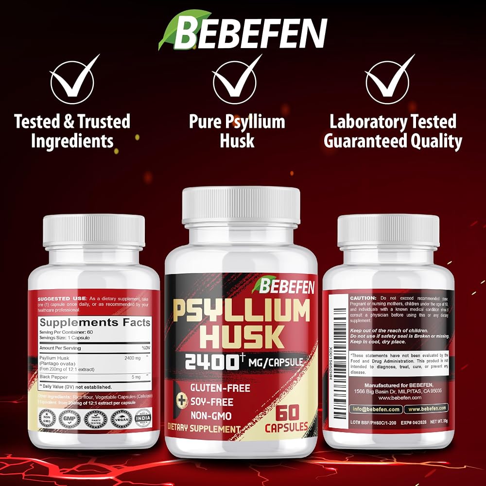BEBEFEN Psyllium Husk Capsules 2400mg with Black Pepper - 60 Capsules - image 7