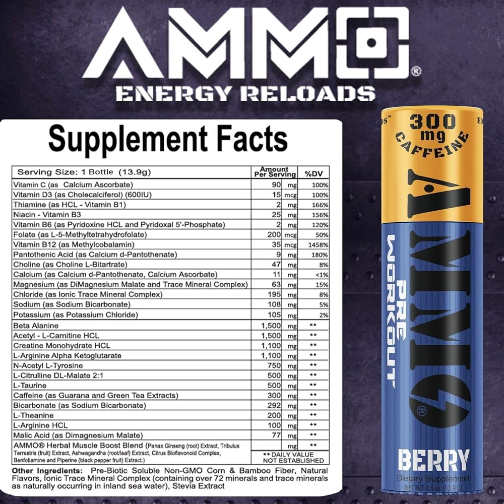 AMMO Pre Workout Berry Powder Extra Strength 300mg Caffeine - 12 Pack - image 4