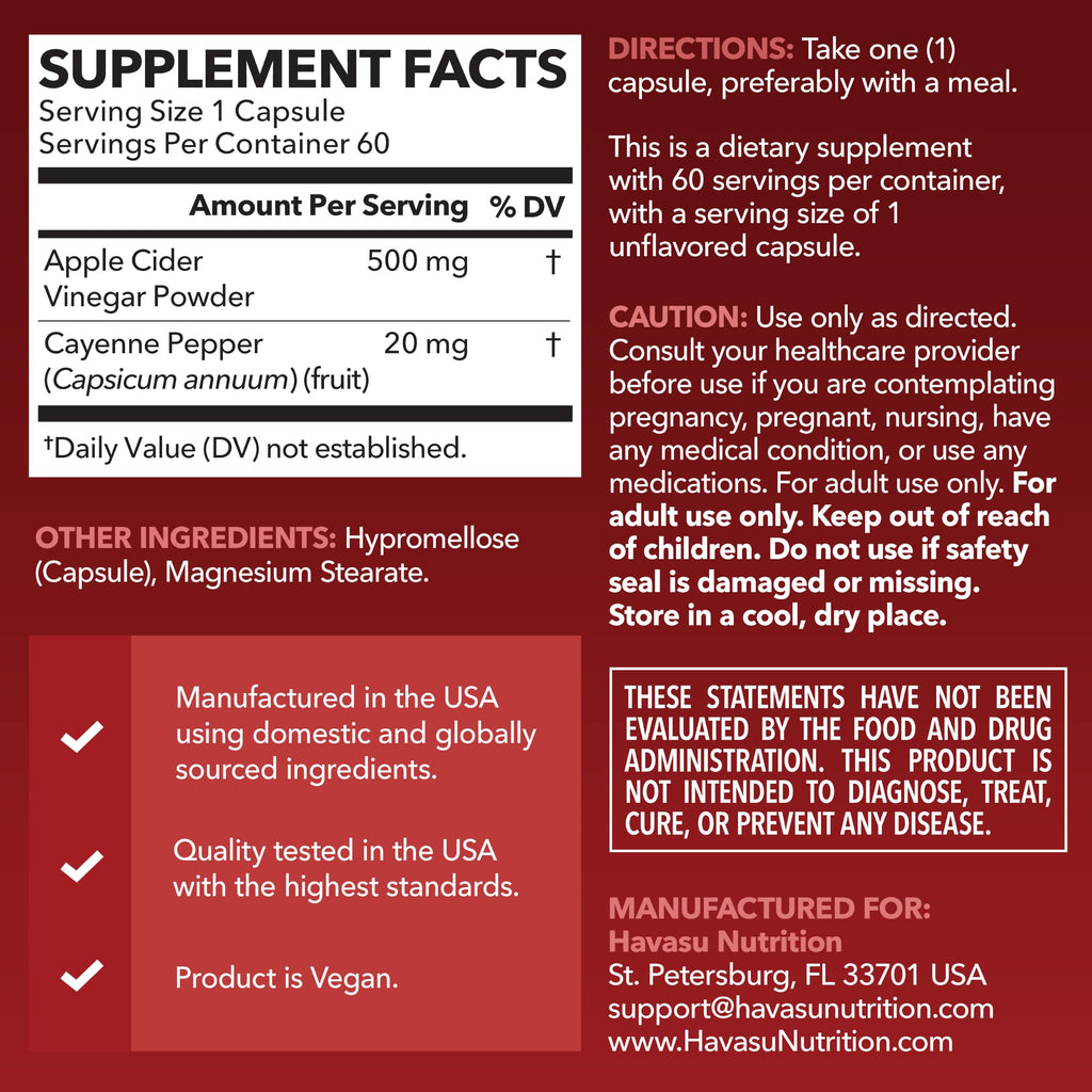 Havasu Nutrition Apple Cider Vinegar Capsules with Cayenne - 60 Count - image 2