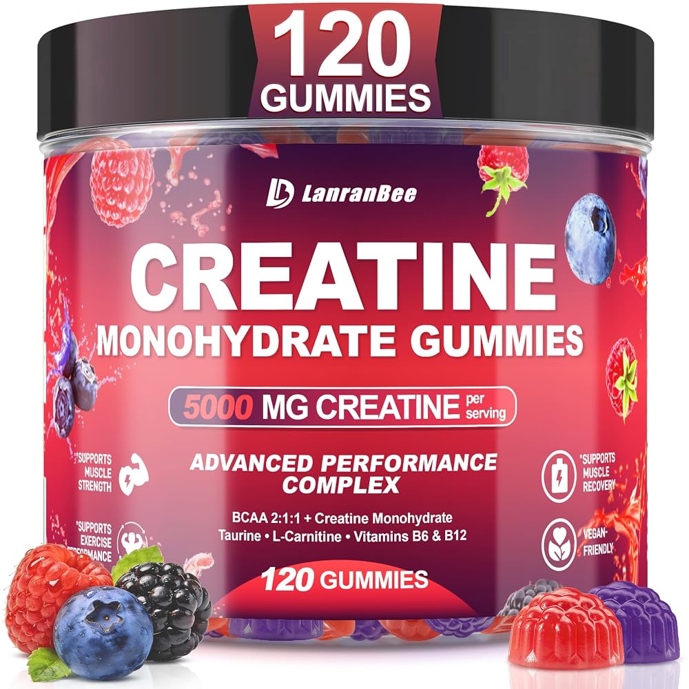 LanranBee Creatine Monohydrate Gummies with L-Carnitine & Taurine - 120 Count