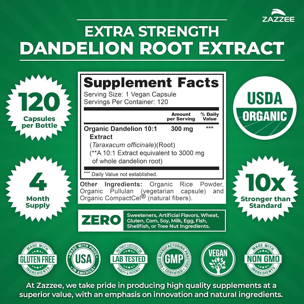 Zazzee USDA Organic Dandelion Root 10:1 Extract, 3000 mg Strength