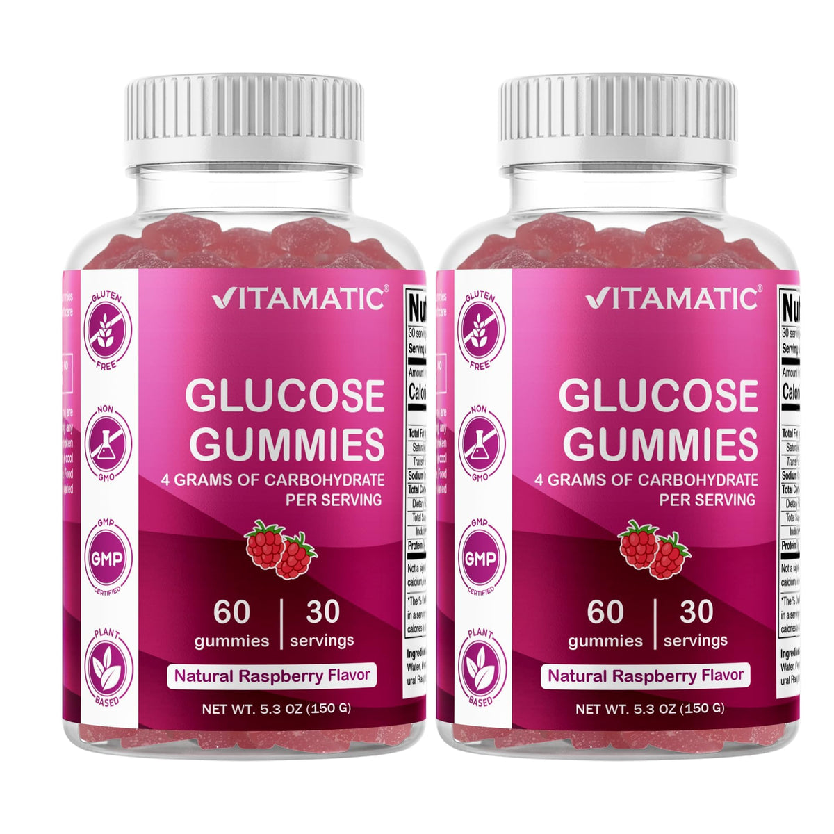 Vitamatic Glucose chewable Gummies - 60 Count - Natural Raspberry
