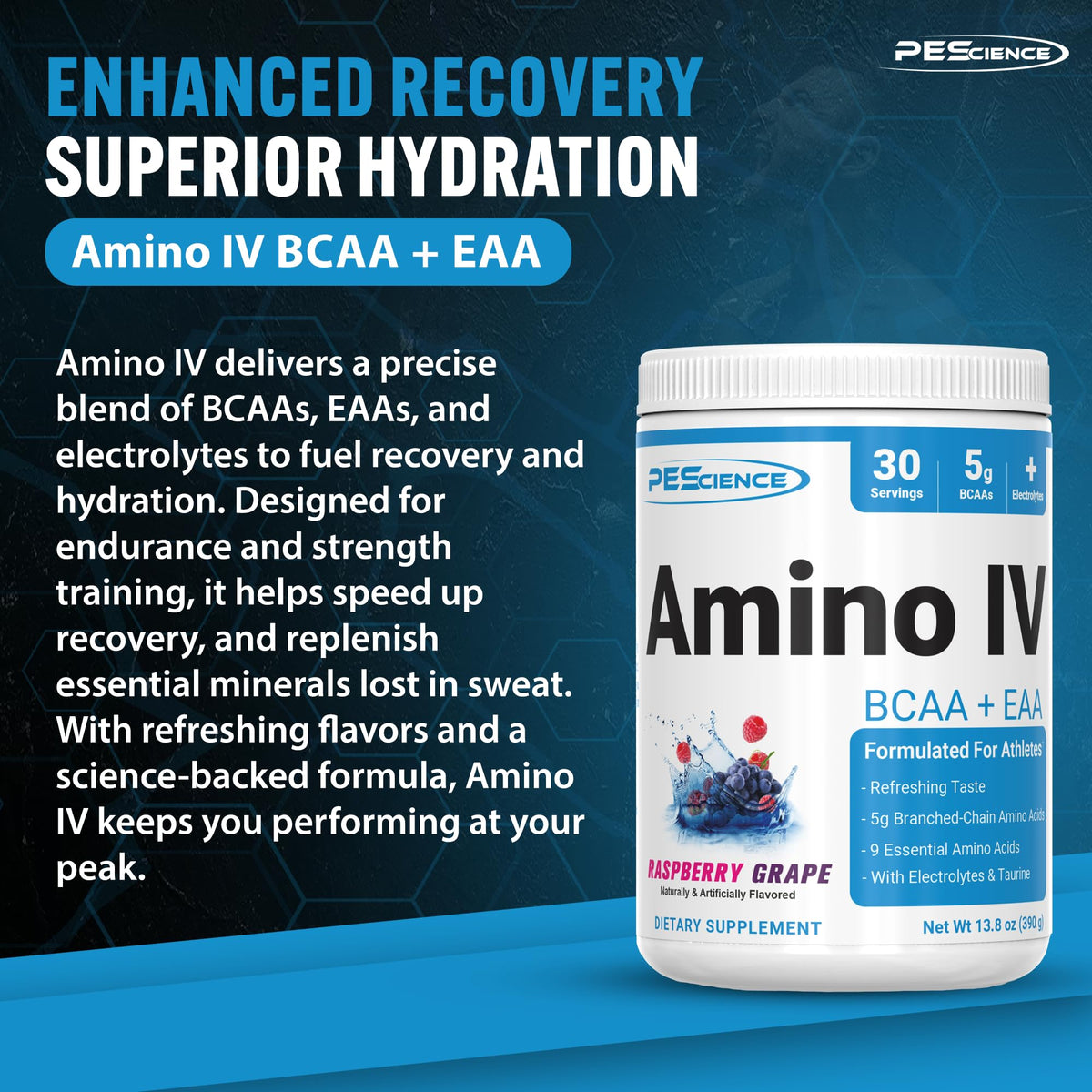 PEScience Amino IV BCAA & EAA Powder, Raspberry Grape - 30 Servings - image 4