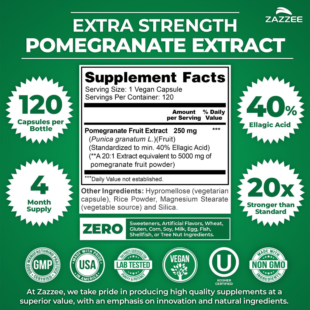 Zazzee Extra Strength Pomegranate 20:1 Extract - 120 Vegan Capsules - image 2