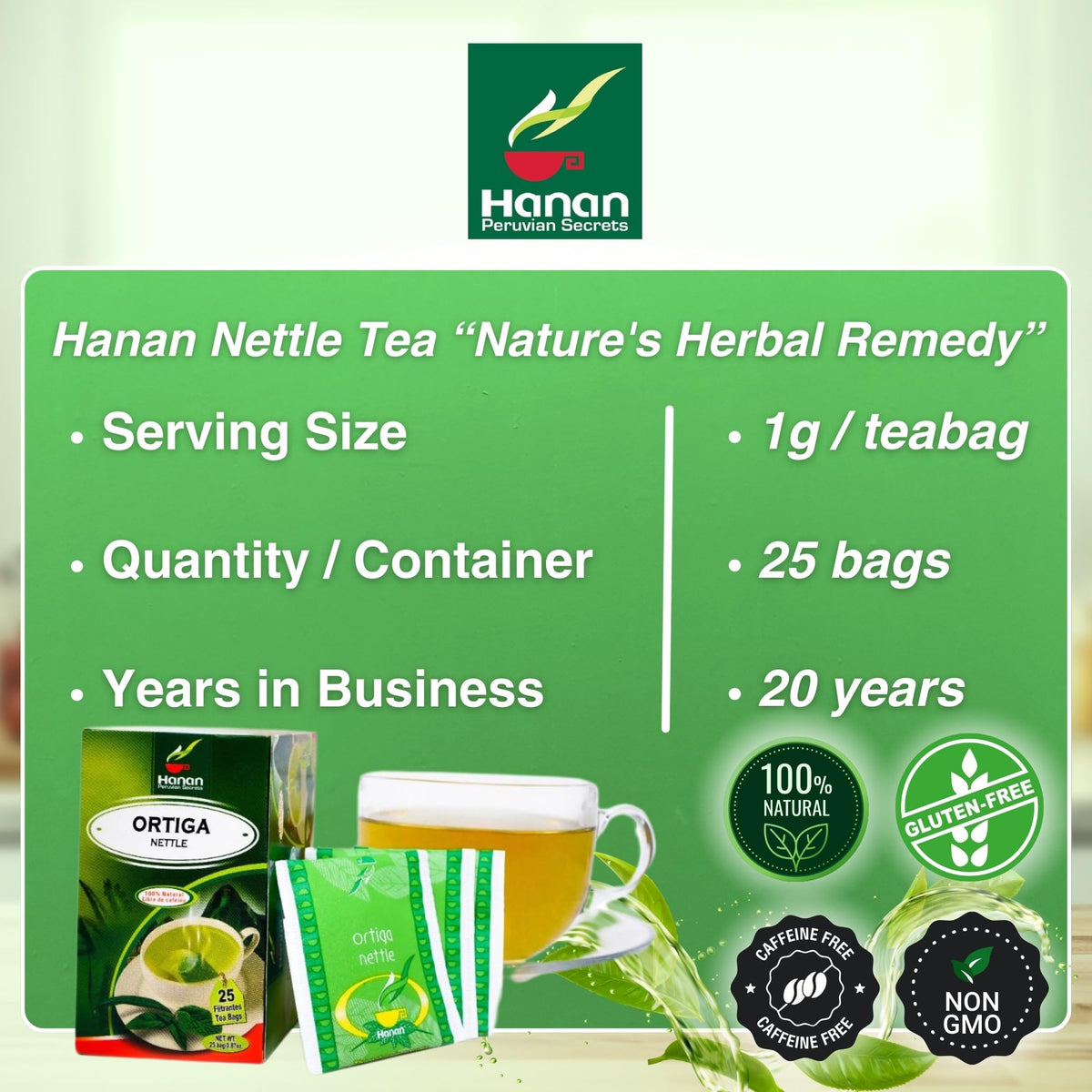 Hanan Nettle Tea Bags of Stinging Nettle Leaf and Root Natural Herbal