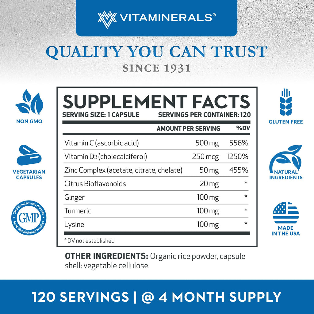 Vitaminerals Z D C Zinc Complex 50mg Vitamin D3 - 120 Capsules - image 4
