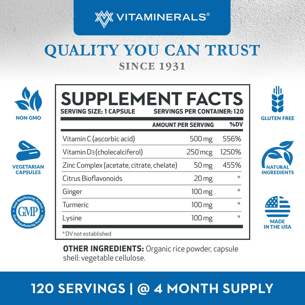 Vitaminerals Z D C Zinc Complex 50mg Vitamin D3 - 120 Capsules - image 4