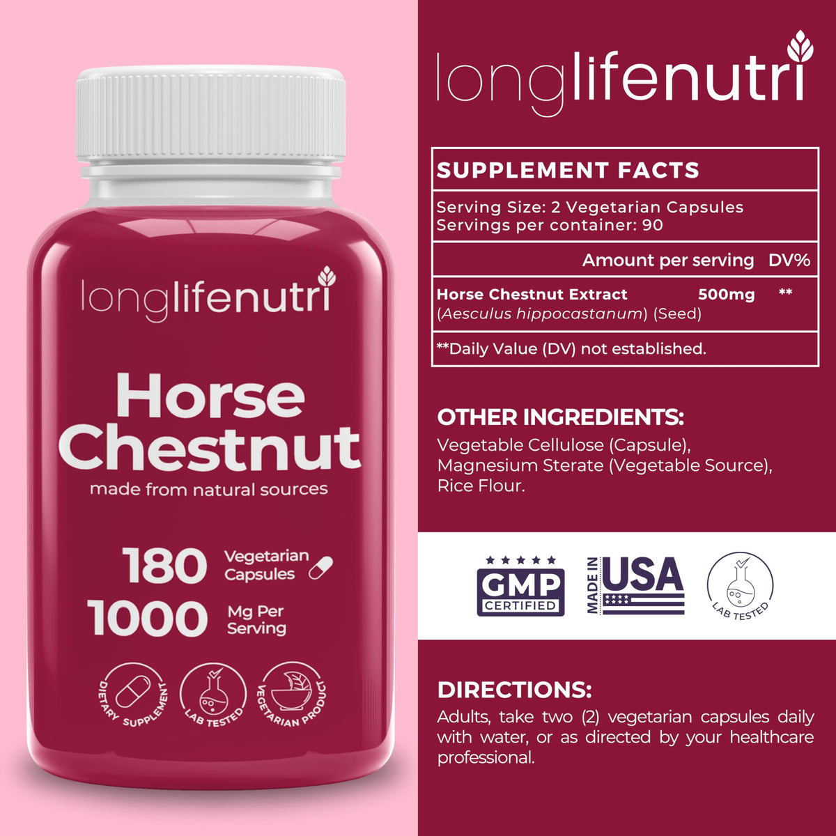 LongLifeNutri Horse Chestnut Extract 500mg - 180 Vegetarian Capsules - image 2