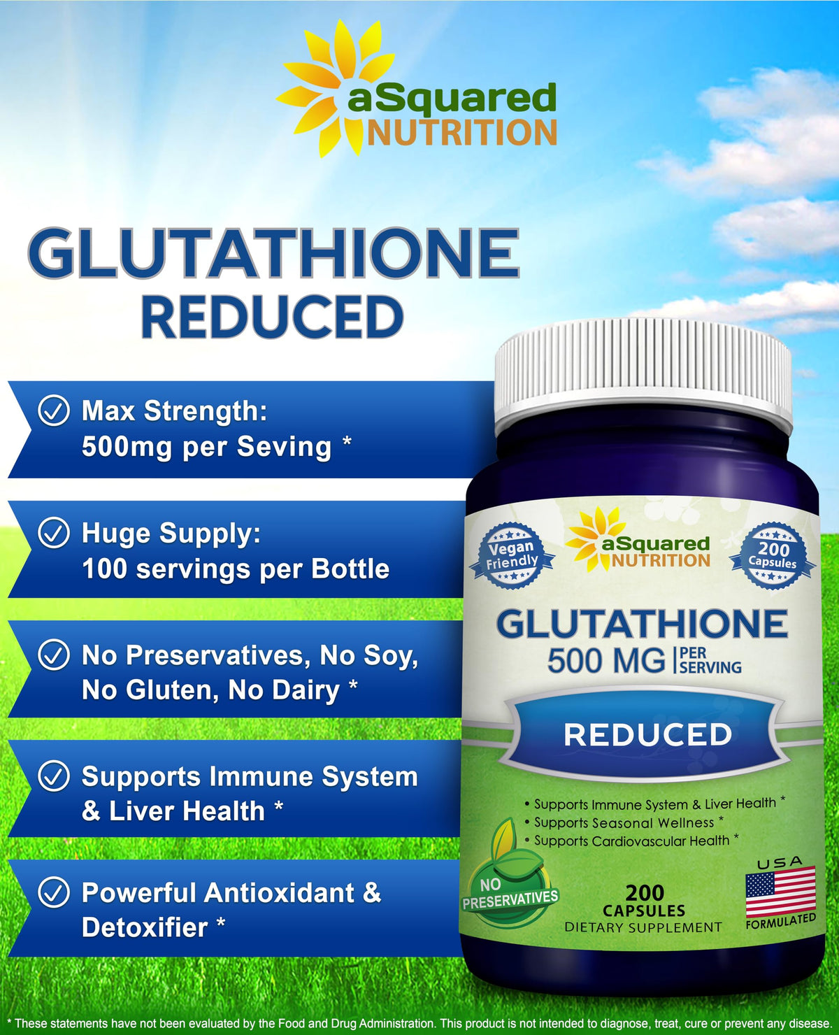 aSquared Nutrition Reduced Glutathione 500mg - 200 Capsules - image 2