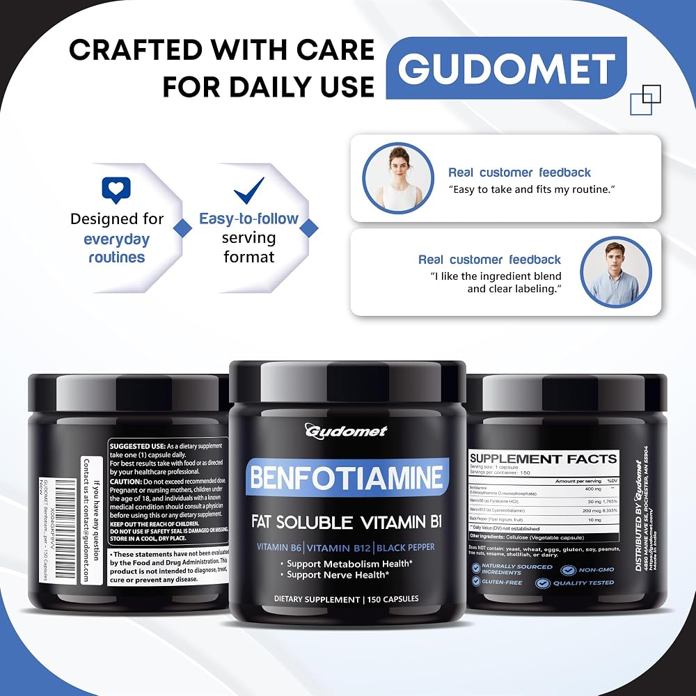 GUDOMET Benfotiamine with Vitamins B6, B12 & Black Pepper - 150 Capsules - image 9