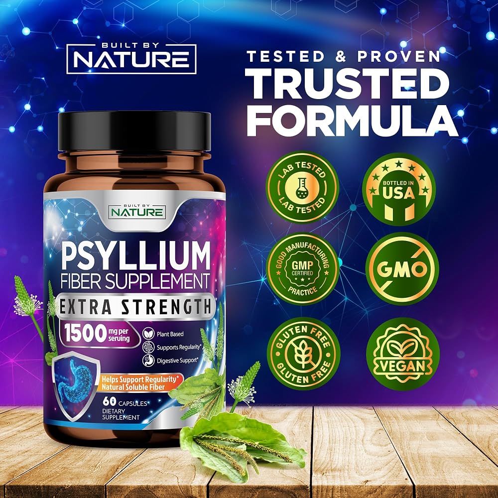 Built by Nature Psyllium Husk Capsules 1500mg Fiber Supplement